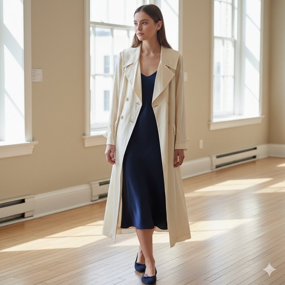 Something Navy NWT Women's S Ivory Grand Lapel Satin Long Trench Coat *FLAWS*